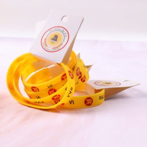 Full-color custom silicone wristbands with debossed logo and product hang tag for large-scale events