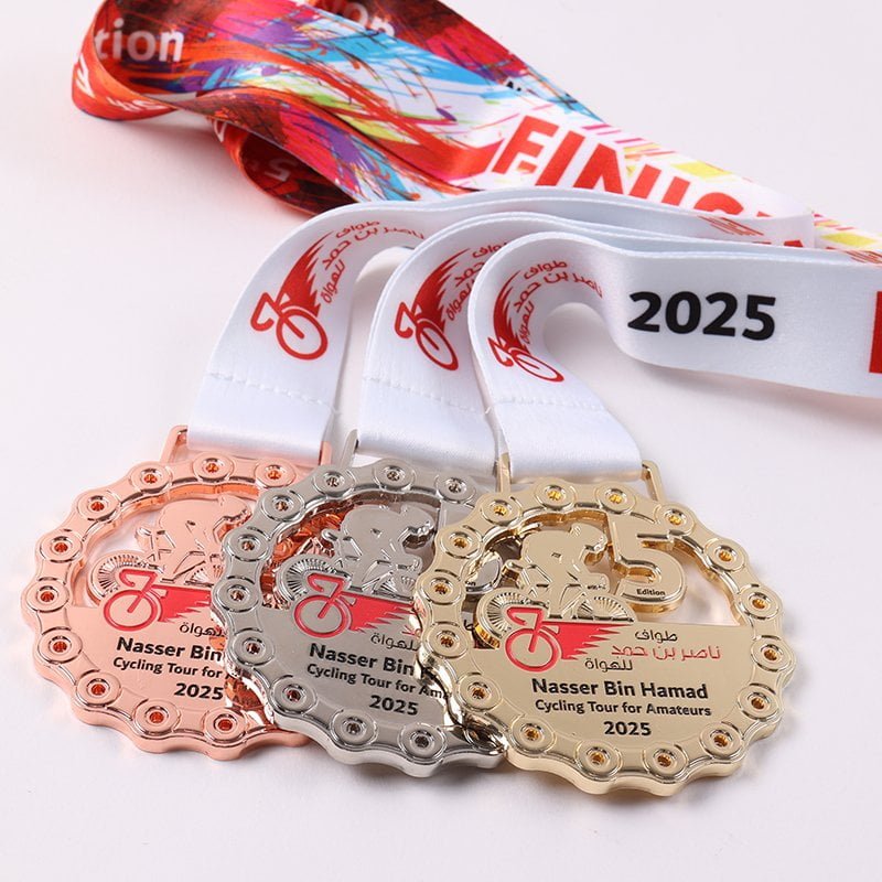 Premium custom metal award medals with gold silver electroplated finish and lanyard attachment