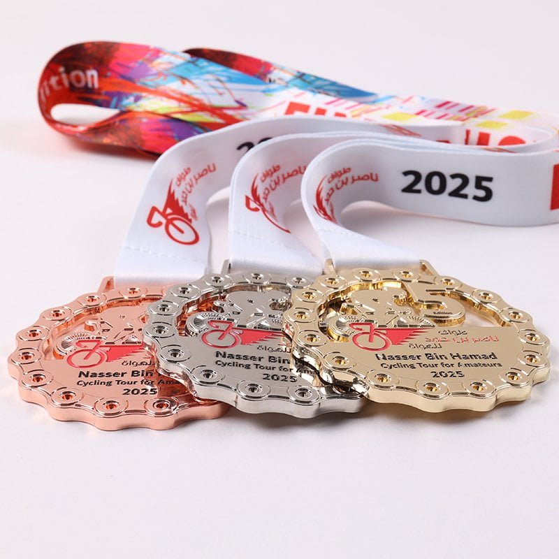 Premium custom metal award medals with gold silver electroplated finish and lanyard attachment