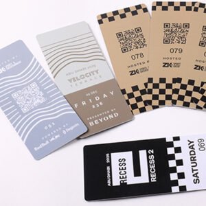 Premium PVC cards with full-color printing, QR code, and serial number for event entry, staff identification, and VIP access
