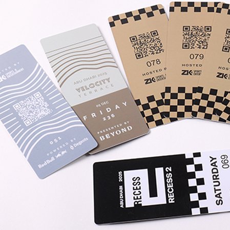 Premium PVC cards with full-color printing, QR code, and serial number for event entry, staff identification, and VIP access