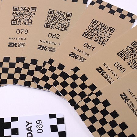 Premium PVC cards with full-color printing, QR code, and serial number for event entry, staff identification, and VIP access