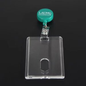 Two-piece hard plastic ID card holder with clear front and back cover