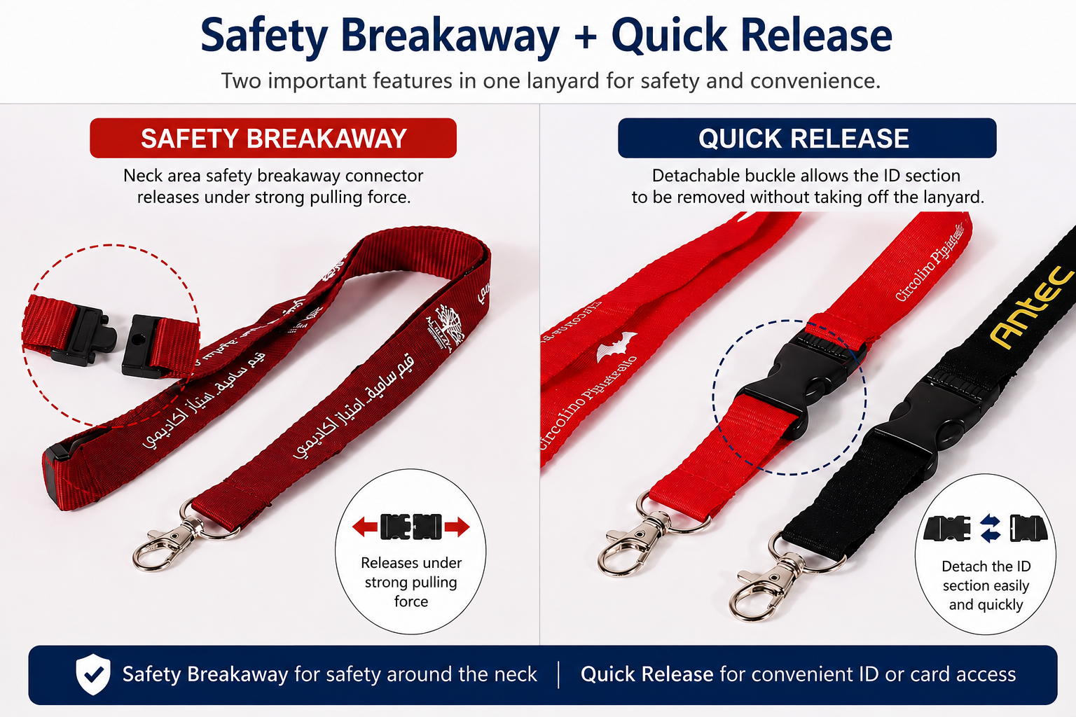 Breakaway buckle and detachable buckle on a hospital lanyard