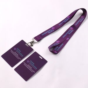 Purple custom printed lanyard with matching PVC event credential cards