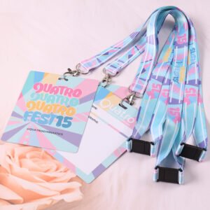 Custom printed lanyard with large PVC event pass and colorful branding