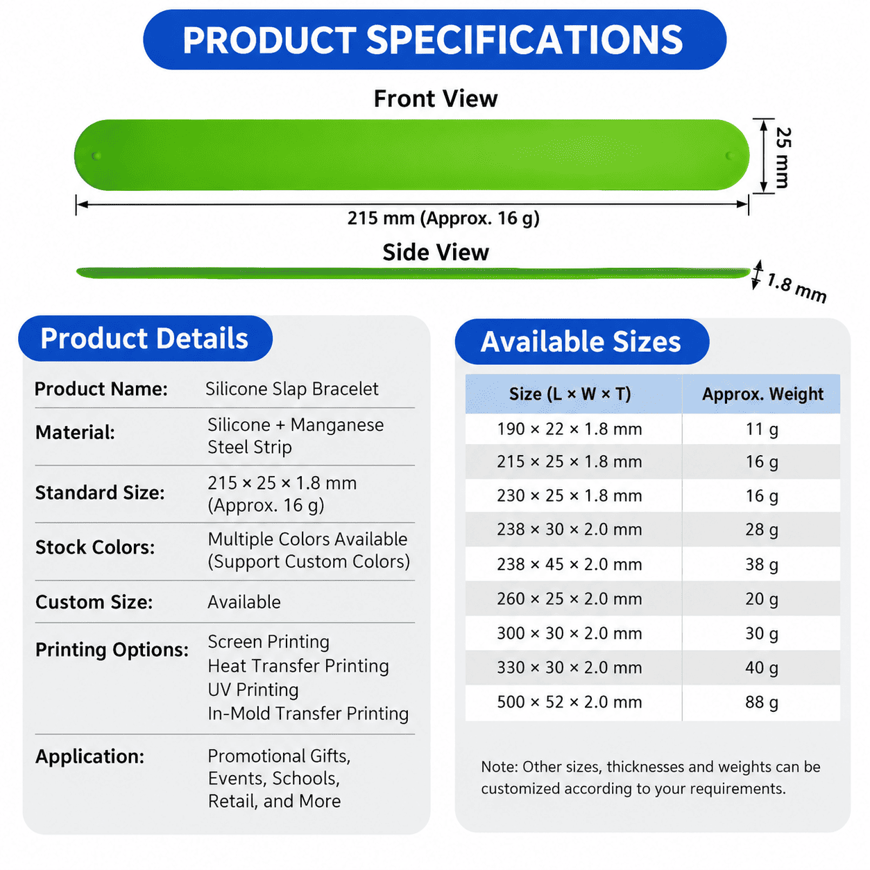 custom silicone slap bracelet sizes and specifications