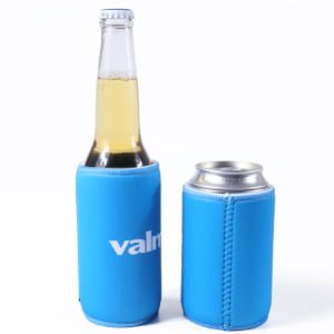 Custom blue neoprene slim can cooler and bottle sleeve with printed brand logo