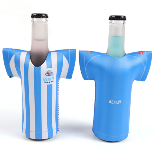 Side view of collapsible neoprene bottle sleeve with stitched seam