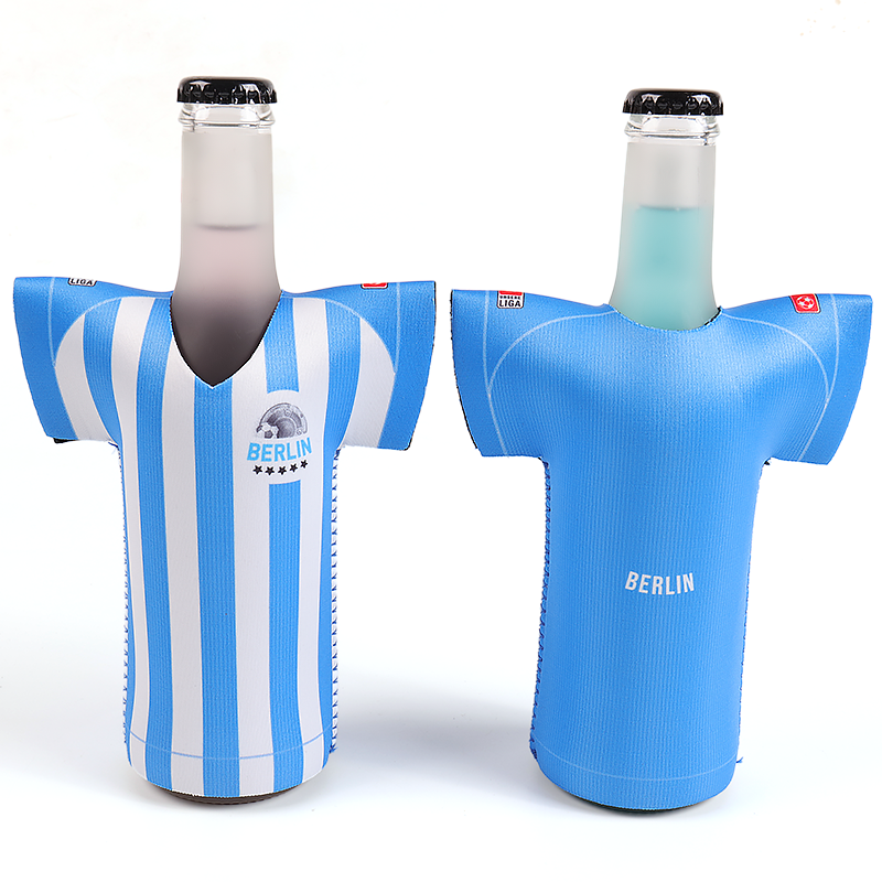 Side view of collapsible neoprene bottle sleeve with stitched seam