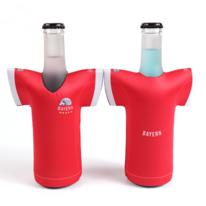 Side view of collapsible neoprene bottle sleeve with stitched seam