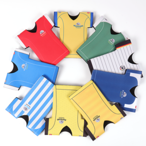 Printed neoprene beer cooler for tournaments and fan merchandise