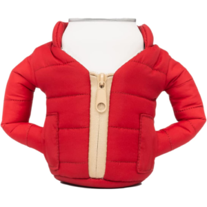 Funny drink cooler sleeve designed as a red puffer jacket
