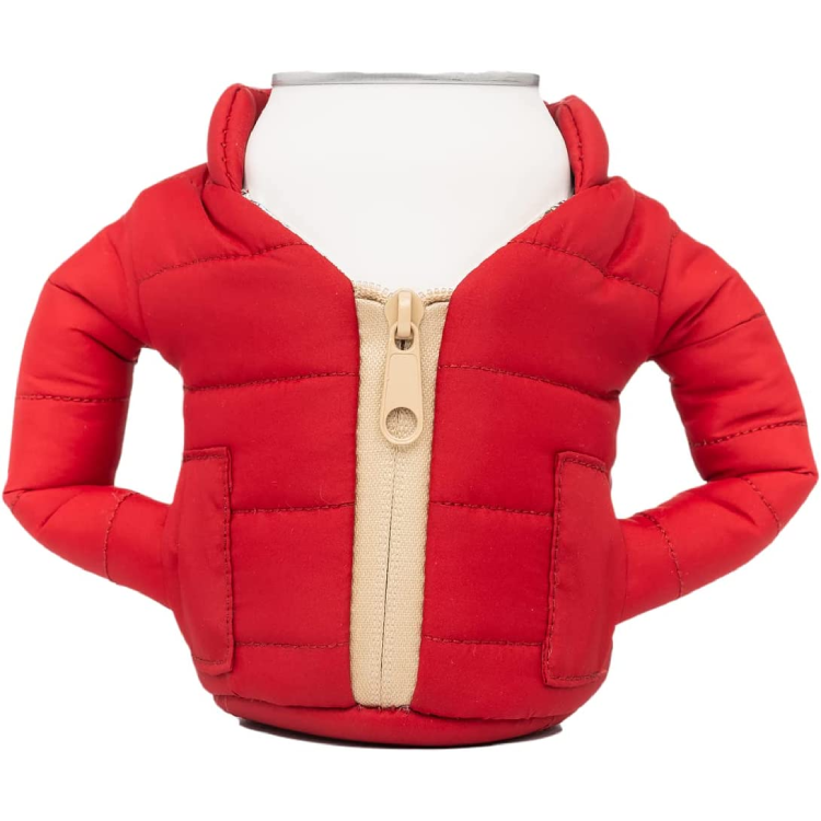 Funny drink cooler sleeve designed as a red puffer jacket