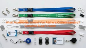 Custom lanyard accessories including breakaways, badge reels, hooks, clips, and card holders