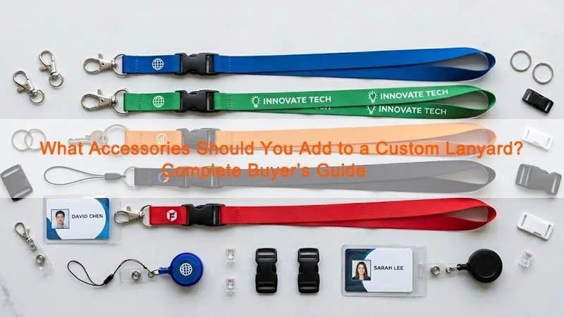 Custom lanyard accessories including breakaways, badge reels, hooks, clips, and card holders