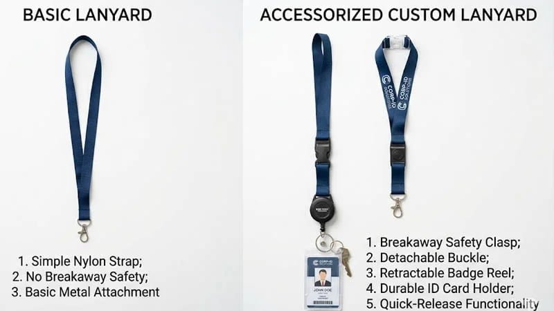 Comparison between a basic lanyard and a custom lanyard with accessories