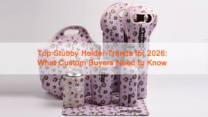 A range of custom stubby holder styles including standard can holders, slim can sleeves, collapsible coolers, bottle sleeves, and wine bottle holders