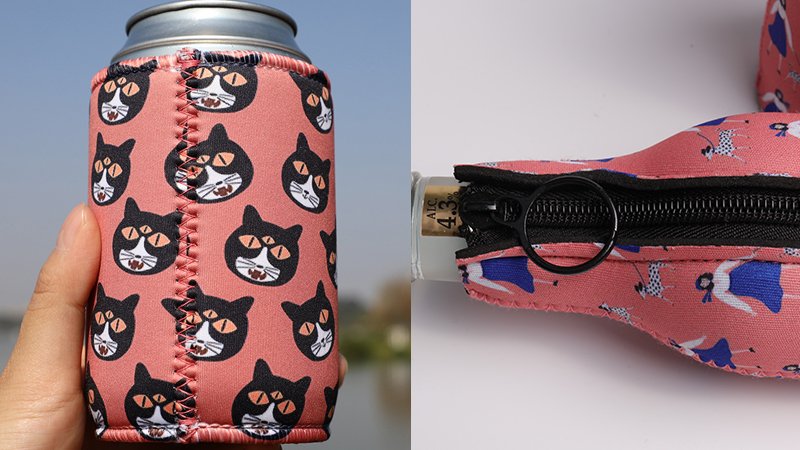 Close-up of premium stubby holder finishes with neat stitching, reinforced edges, and zipper details