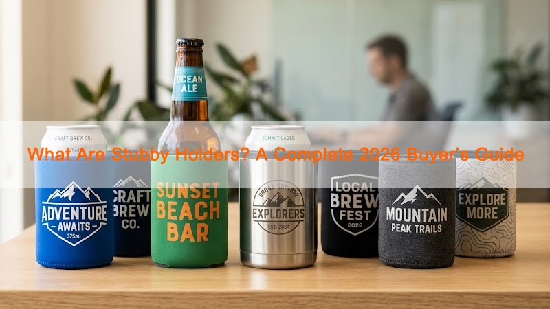 Custom stubby holders in different materials and styles displayed with cans and bottles for a 2026 buyer’s guide