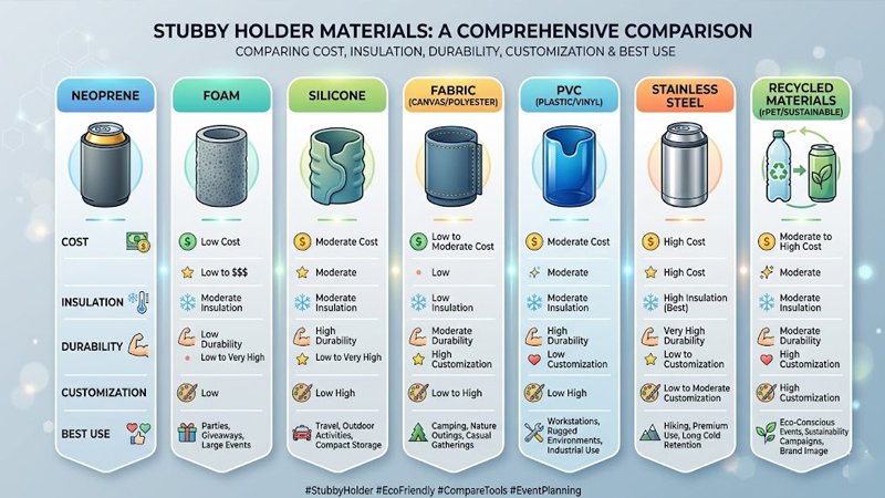 Infographic comparing stubby holder materials by cost, insulation, durability, and best use