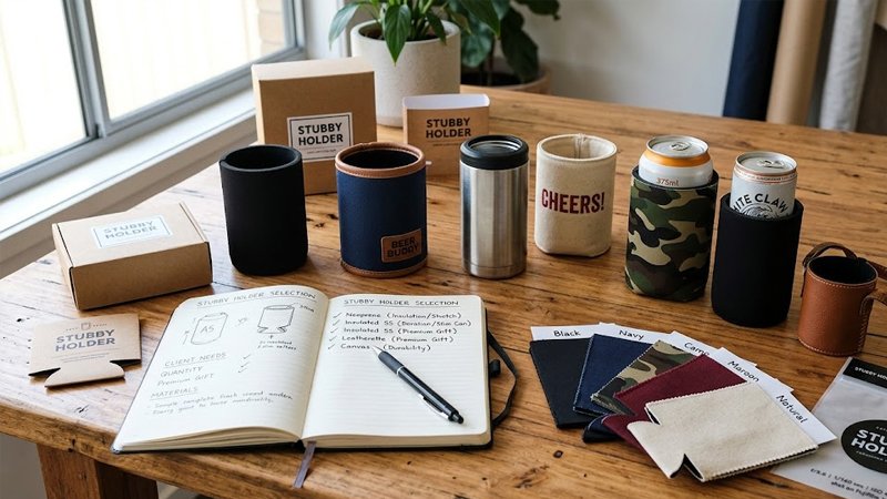 Different stubby holder options arranged on a table to illustrate how buyers choose the right product