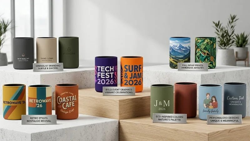 A collection of stubby holders showing design trends for 2026, including minimalist, bold, and eco-inspired styles