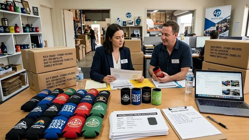 Product samples and order documents illustrating what buyers should ask before ordering custom stubby holders in bulk