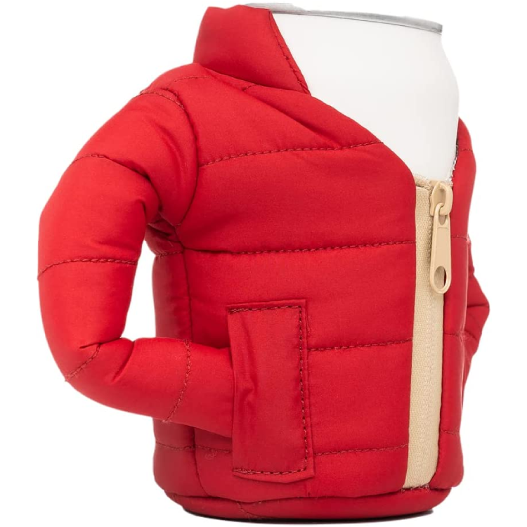 Funny drink cooler sleeve designed as a red puffer jacket