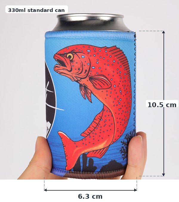 330ml neoprene stubby holder measuring 10.5cm high and 6.3cm diameter with custom printing