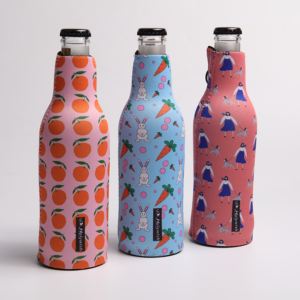 Custom printed neoprene bottle sleeve for mini glass beer bottle with front half-zip design
