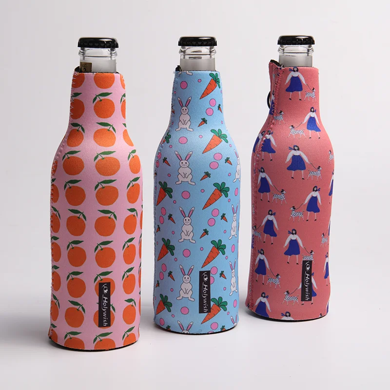 Custom printed neoprene bottle sleeve for mini glass beer bottle with front half-zip design