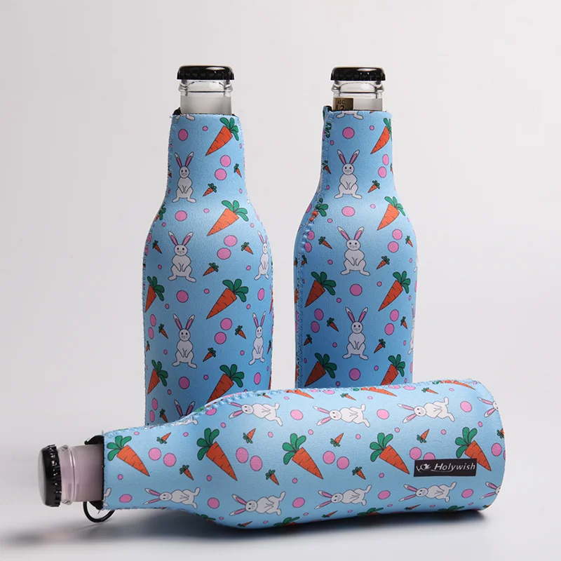 Pink neoprene soft drink bottle sleeve with orange print and oversized ring pull zipper