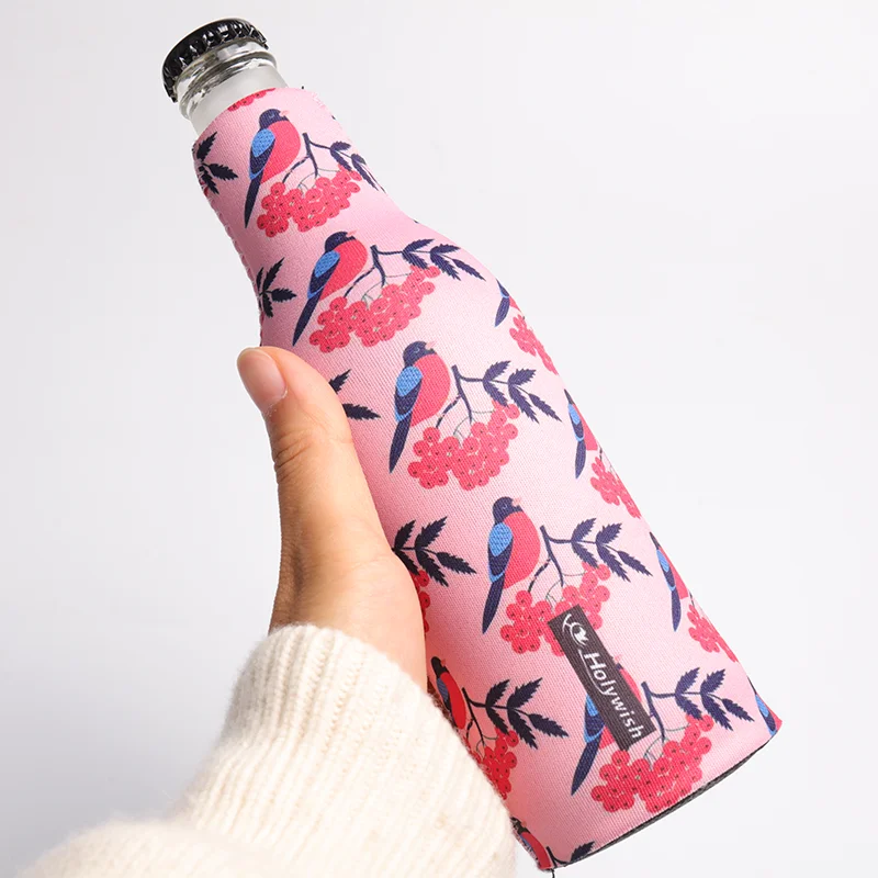 Small glass bottle cooler sleeve made of neoprene with secure fit and clean retail look
