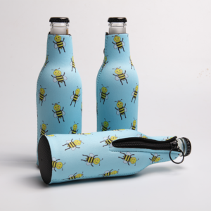 Close-up of neoprene bottle sleeve base with non-slip bottom for small glass bottle