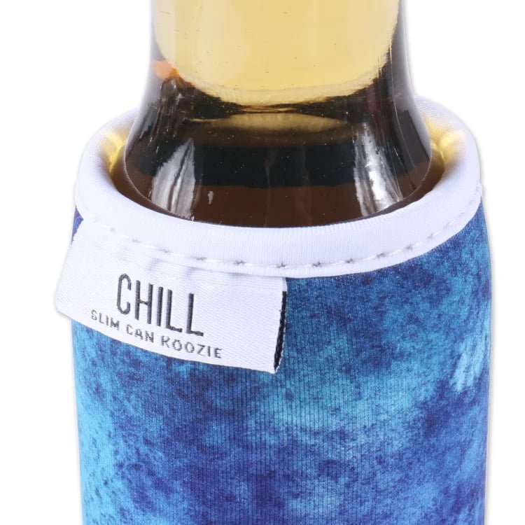 Slim Can Cooler with Sewn Woven Brand Label | Custom 3mm neoprene slim can cooler with sewn woven brand label