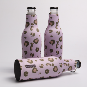 Front zipper detail of custom neoprene mini bottle sleeve with black ring pull