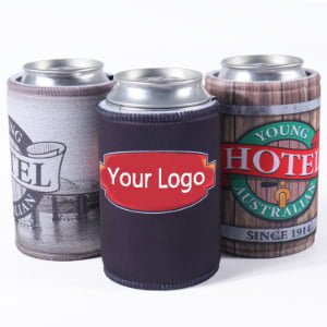 Personalised neoprene stubby holders with custom logos for brands events and promotional merchandise