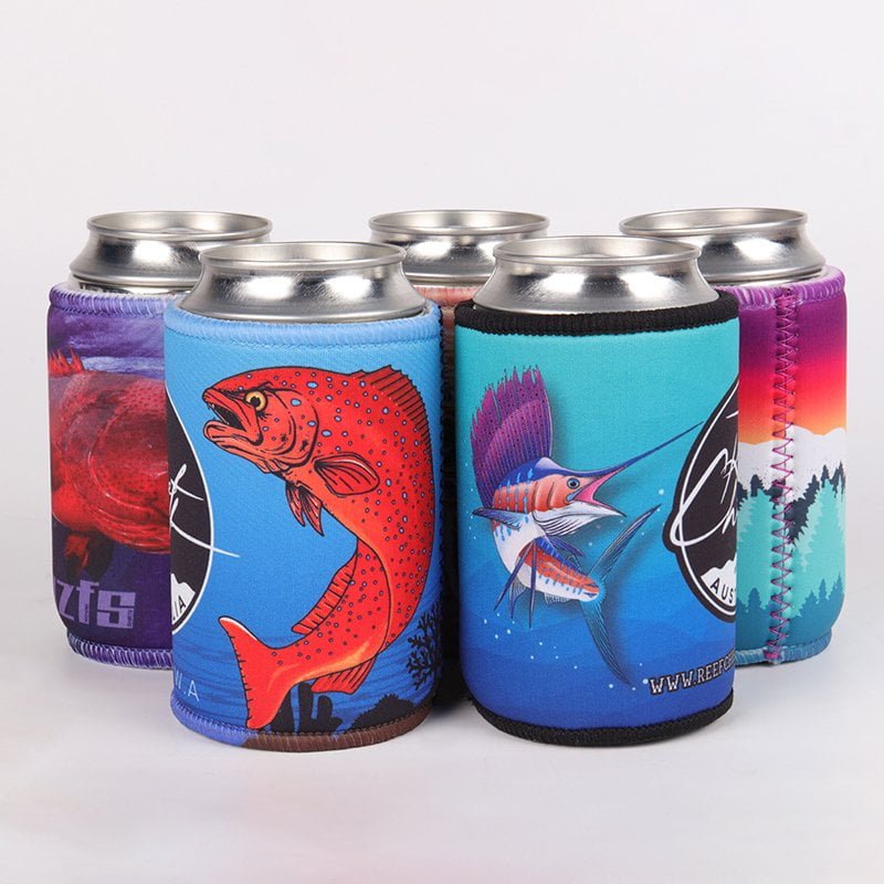 Custom printed neoprene stubby holders in multiple designs for events breweries and giveaways