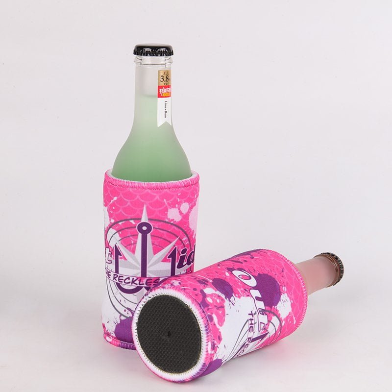 Custom printed neoprene bottle sleeve with fitted base for narrow beverage bottles