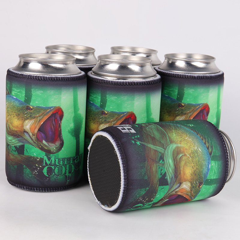 Full-color heat transfer printed neoprene stubby holder with detailed custom artwork