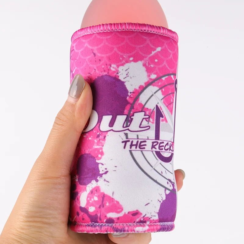 Skinny Can Cooler Snug Fit Detail | Custom skinny can cooler with snug fit around a 12oz slim beverage can