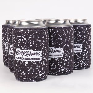 Black custom neoprene stubby holders with white printed logos for promotional branding