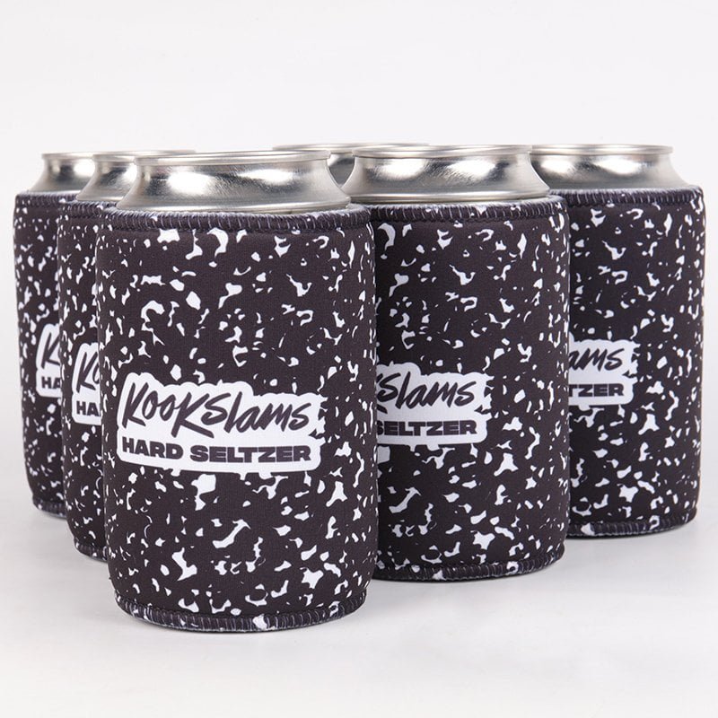 Black custom neoprene stubby holders with white printed logos for promotional branding