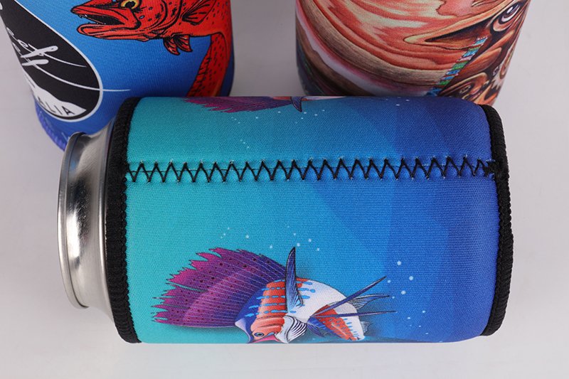 Close-up of neat stitching and custom printing on premium neoprene stubby holder