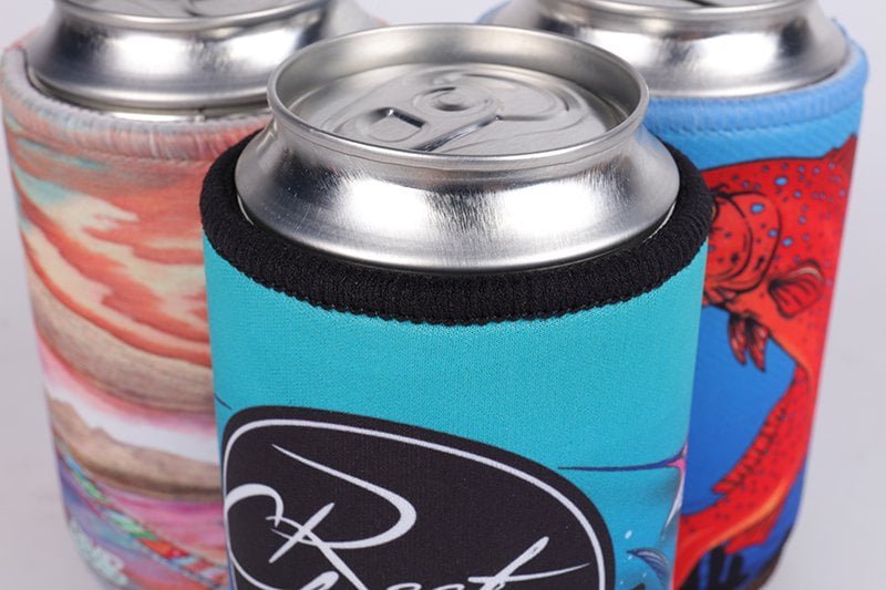 Custom neoprene can cooler fitted securely around a standard beverage can with clean top edge