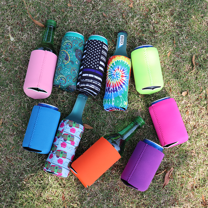 Custom neoprene slim can coolers and drink sleeves in multiple colors and printed designs