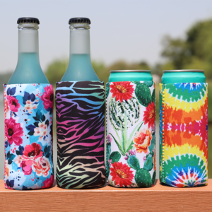 Full-color printed slim can coolers for cans and bottles with custom beverage branding