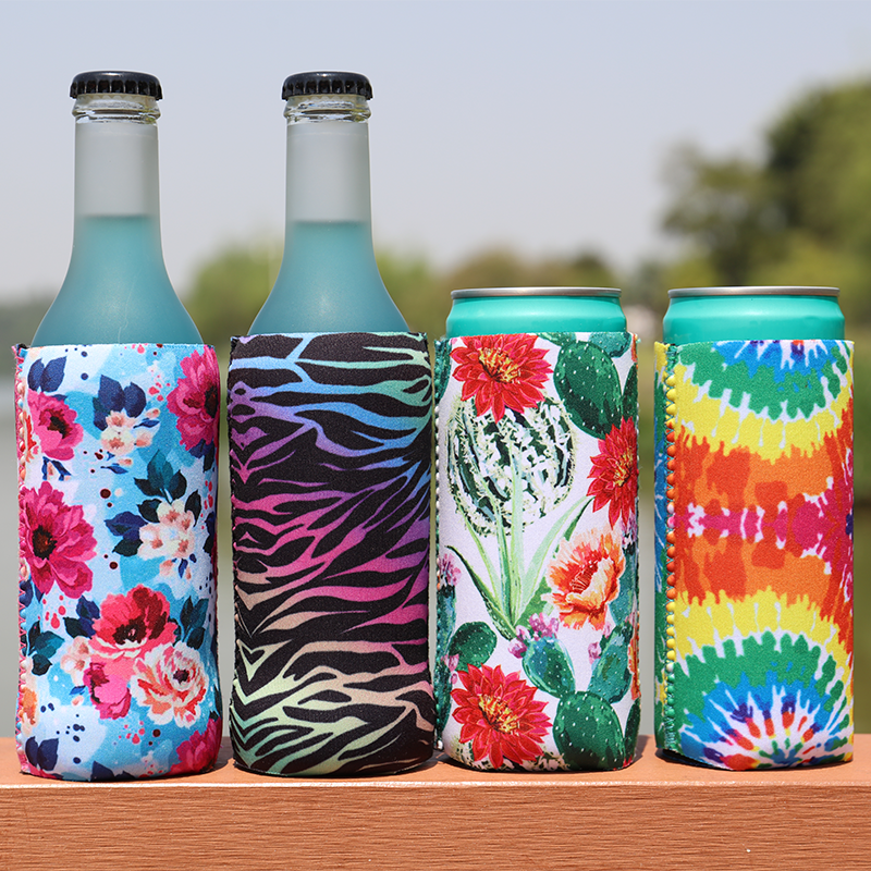 Full-color printed slim can coolers for cans and bottles with custom beverage branding