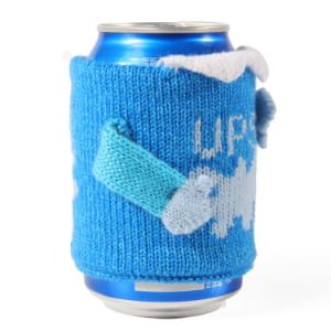Blue glove can cooler with custom knitted design for cans